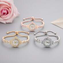 Relógio De Pulso Feminino Moderno E Elegante Com Pulseira De Couro Sintético, Mostrador Redondo E Cabeça De Mini Coroa. Incrustações De Strass Na Pulseira. Relógio De Quartzo De Liga. Ótimo Presente Para Mulheres