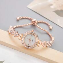 Relógio De Pulso Feminino Moderno E Elegante Com Pulseira De Couro Sintético, Mostrador Redondo E Cabeça De Mini Coroa. Incrustações De Strass Na Pulseira. Relógio De Quartzo De Liga. Ótimo Presente Para Mulheres