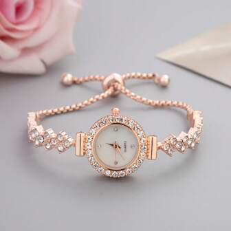 New Arrival Fashionable Leisure Ladies' Bracelet Watch, Round Dial With Cute Mini Head, Rhinestone Embedded Bracelet, Alloy Quartz Watch, Gift For Women