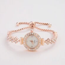 Relógio De Pulso Feminino Moderno E Elegante Com Pulseira De Couro Sintético, Mostrador Redondo E Cabeça De Mini Coroa. Incrustações De Strass Na Pulseira. Relógio De Quartzo De Liga. Ótimo Presente Para Mulheres