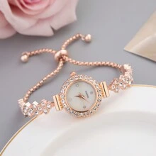 Relógio De Pulso Feminino Moderno E Elegante Com Pulseira De Couro Sintético, Mostrador Redondo E Cabeça De Mini Coroa. Incrustações De Strass Na Pulseira. Relógio De Quartzo De Liga. Ótimo Presente Para Mulheres
