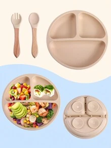 Bộ bát đĩa và dụng cụ ăn 3 món có đế hút, thích hợp cho trẻ sơ sinh và trẻ nhỏ, chất liệu silicon, thiết kế chia ngăn, thìa và dĩa cán gỗ, đĩa silicon cho trẻ em, dùng được trong lò vi sóng và máy rửa chén, quà tặng cho trẻ em. - Màu be - Xem 9