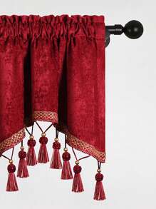 1pc Burgundy Curtain With Vintage Snowy Organza Sash, Tassel And Floral Lace Details For Window And Door Decoration - Burgundy - View 6