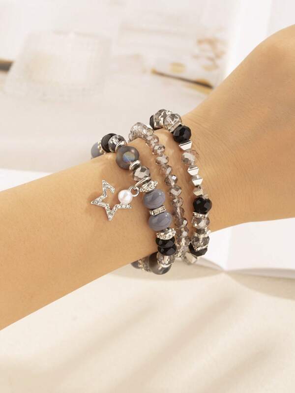 3pcs/set Women's Bohemian Crystal Beads & Silver Alloy Block Stretch Bracelets In Translucent Grey
