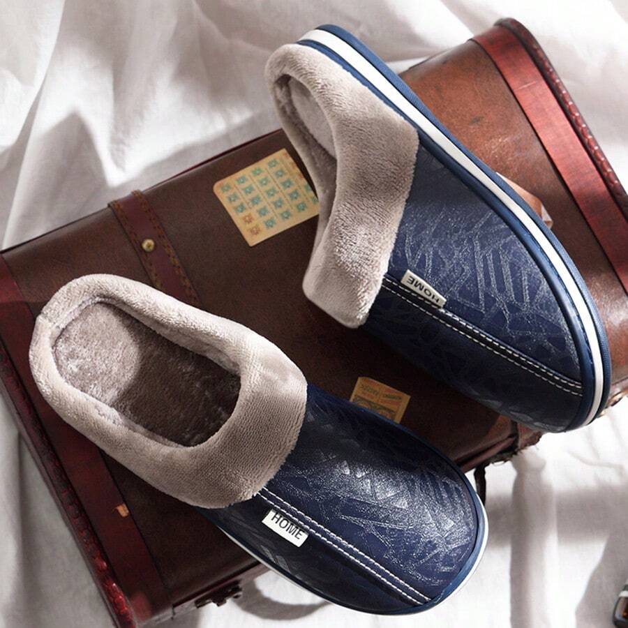 Dép đi trong nhà lót nhiệt cho nam, giày ấm trong nhà chống thấm nước, dép đi trong nhà cổ điển bằng vải nhung cho cỡ lớn (2 loại đế, giao hàng ngẫu nhiên)