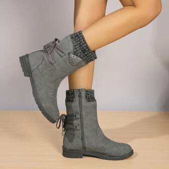 Women's Fashionable Decorative Lace-up Ankle Boots, Flat Heel, Round Toe, Middle Top, Outside Zipper, Stud Decor, Casual Style, Fall Winter Knitted Stitching Motorcycle Boots