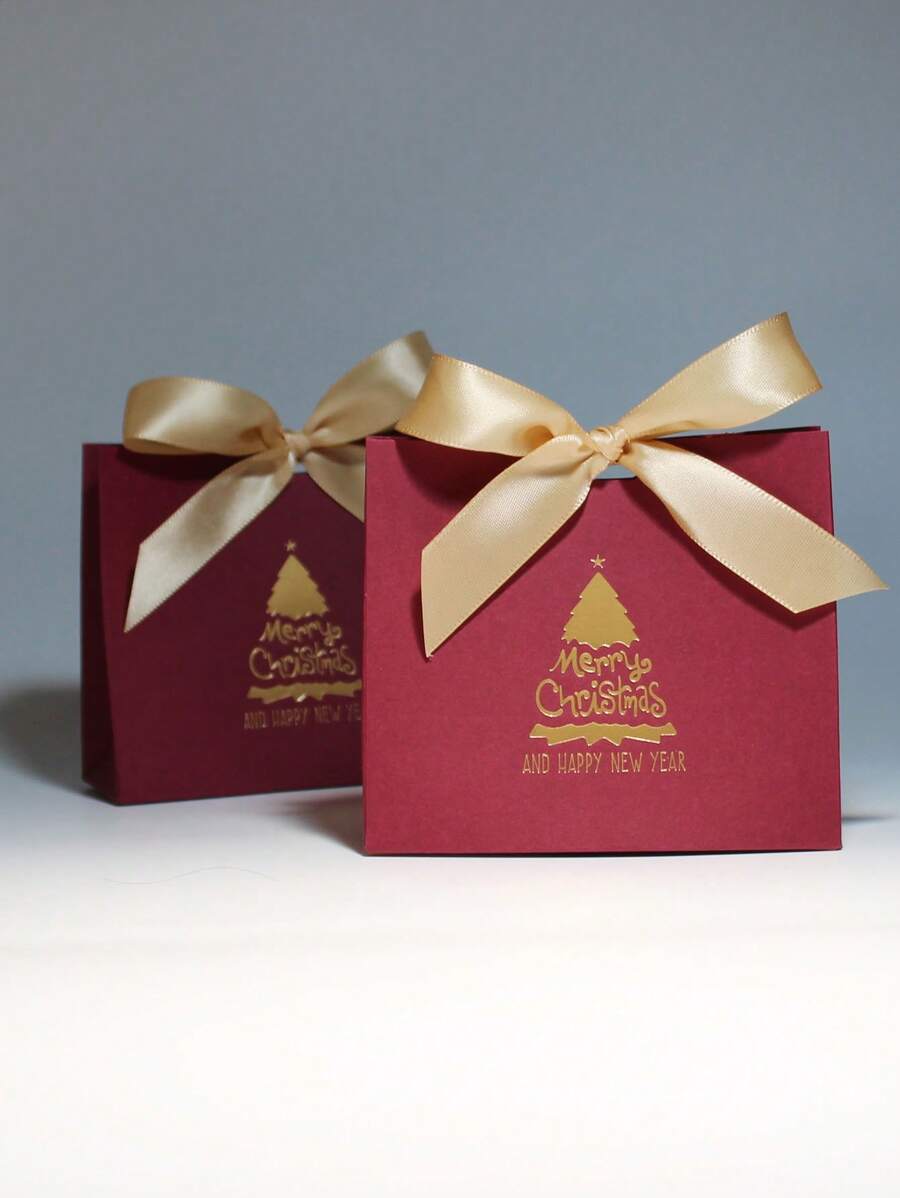 10pcsGolden Ribbon Burgundy Christmas Tree Style Gift Boxes And Bags