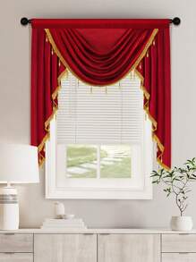 1 Rèm Màu Đỏ, Chất Liệu Sợi Polyester Có Viền Sóng Đính Hạt, Rèm Cửa Phong Cách Châu Âu Để Trang Trí Phòng Khách Và Phòng Ngủ - Màu Đỏ Sâu - Xem 2