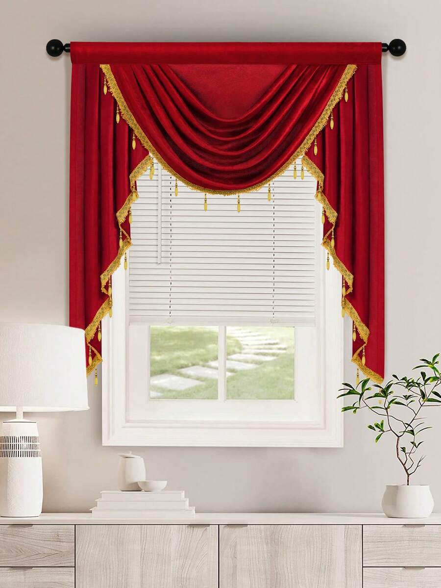 1 Rèm Màu Đỏ, Chất Liệu Sợi Polyester Có Viền Sóng Đính Hạt, Rèm Cửa Phong Cách Châu Âu Để Trang Trí Phòng Khách Và Phòng Ngủ