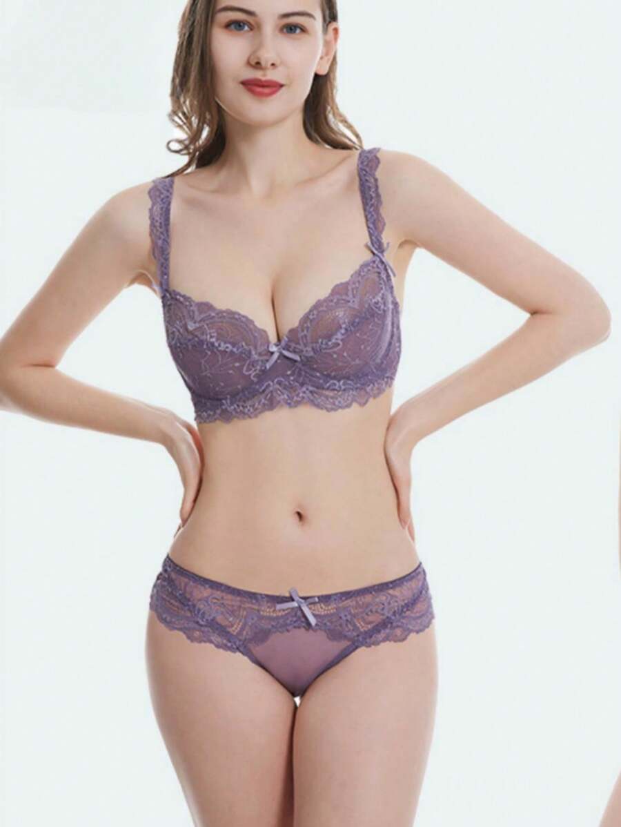 1 Gói Của phụ nữ Ren gợi cảm Đồ lót Push-Up Có thể điều chỉnh Bras - Màu tím - Xem 1