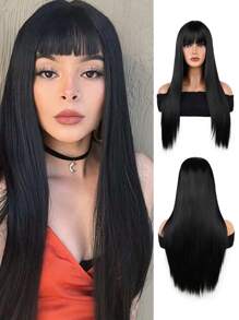 女士26英寸長直劉海假髮,黑色合成天然黑色頭髮色,日常和派對角色扮演,高端柔軟假髮 - 黑色 - 查看 1