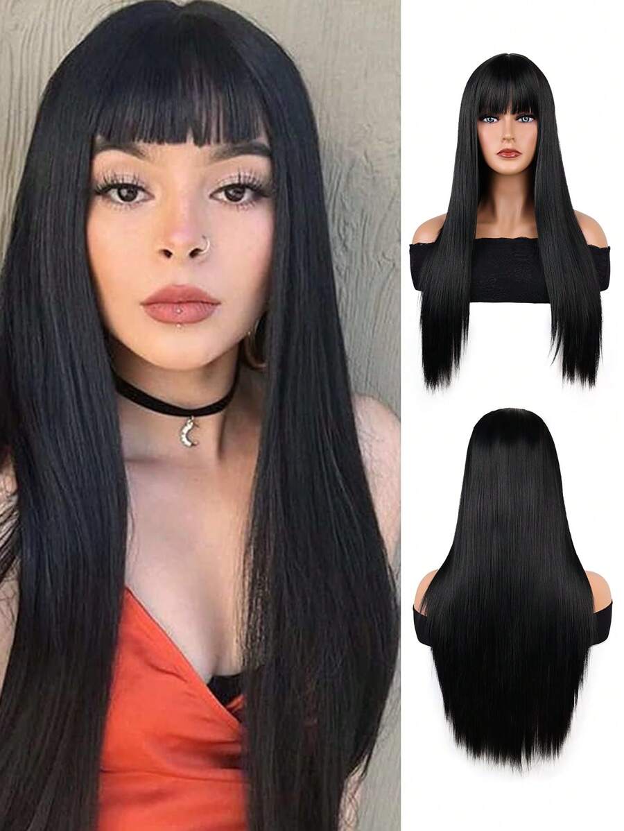 女士26英寸長直劉海假髮,黑色合成天然黑色頭髮色,日常和派對角色扮演,高端柔軟假髮 - 黑色 - 查看 1