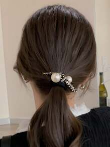 1pc Ladies' Rhinestone & Polyresin Pearl Decor Hair Tie, Suitable For Daily Use - Black - View 2