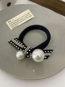 1pc Ladies' Rhinestone & Polyresin Pearl Decor Hair Tie, Suitable For Daily Use - Black - View 1
