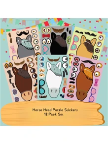 12 张儿童脸部贴纸，6 种不同马头设计贴纸，适合儿童生日派对礼物、玩具小马、马书、马贴纸 - 彩色 - 查看 1