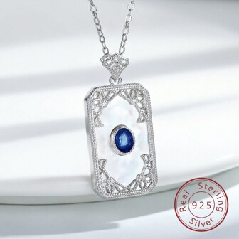 YBO قلادة مربعة من الفضة الإسترليني عيار 925 مرصعة بالأحجار الكريمة الطبيعية والياقوت الأزرق وأم اللؤلؤ الصناعي للاستخدام اليومي والحفلات وملابس الزفاف