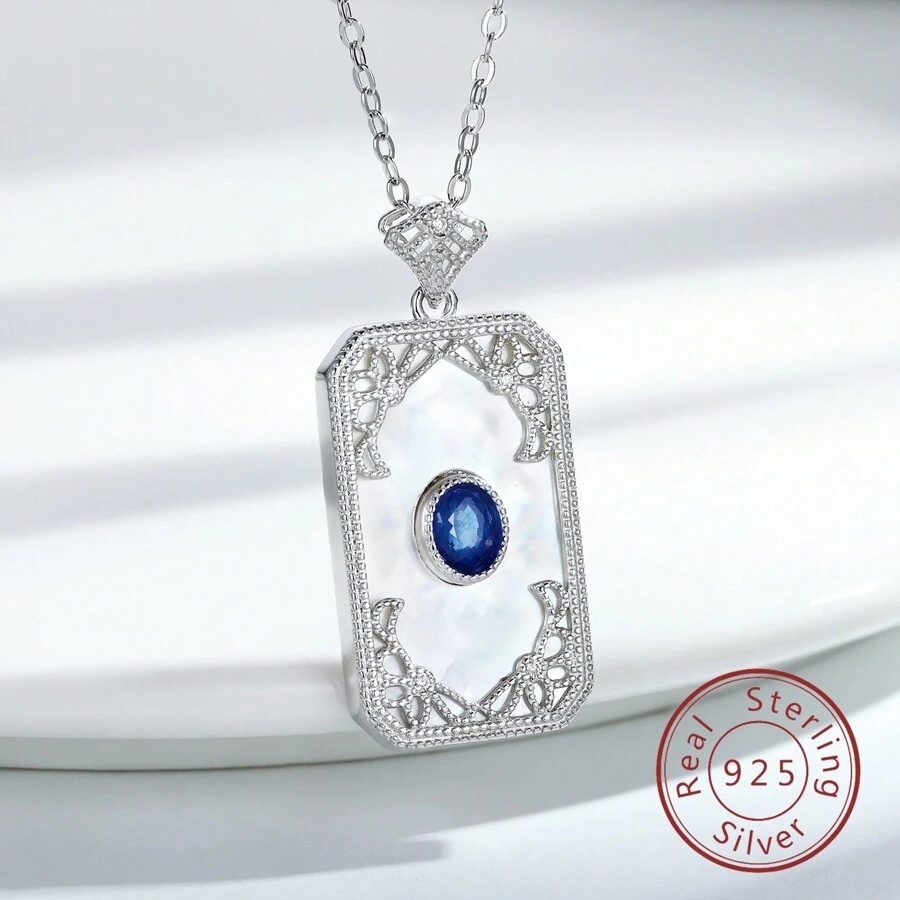 YBO 925純銀方形吊墜,深藍薩芙蕾寶石配上母體貝珠項鍊,適用於日常、派對、婚禮穿戴