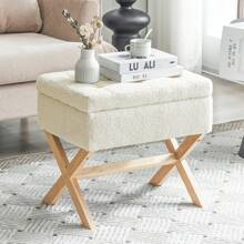 Furnistyle Autumn Ivory White Sherpa Upholstered Storage Ottoman Makeup Vanity Stool Chair, Tufted Ottoman Bench With Storage Square Footstool, Small Size Coffee Table Wooden Constructed Stool, Comfy Furry Foot Rest Ottoman Stool For Bedroom, Living Room Fall Favorites