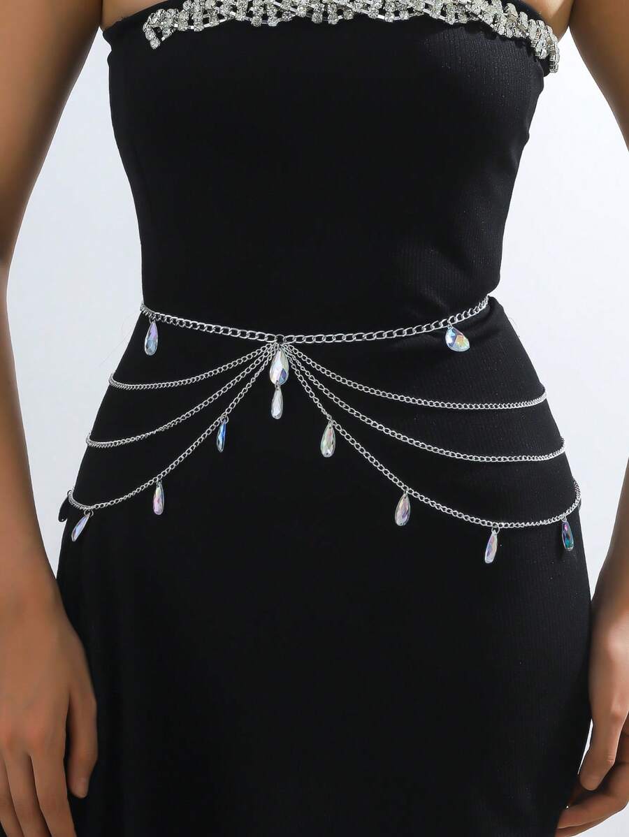 1条女士哥特式腰链，饰有水滴形水晶，适合圣诞节、万圣节、婚礼、派对和日常佩戴，长度105厘米，夏季、秋季、万圣节 - 銀色 - 查看 1