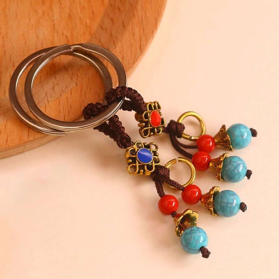2pcs Handcrafted Green Beaded Rope Keychain, Keyring, Ornament - Gold - View 1