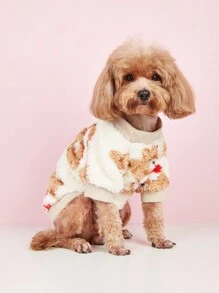 情人節1件中性寵物卡通紅心和小熊圖案毛絨連帽衫,適用於秋冬季節 - 彩色 - 查看 1