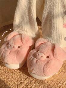 女式冬季可愛粉色豬形毛絨防滑增厚底室內保暖拖鞋 - 粉色 - 查看 2