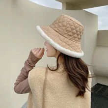 1pc Women's Detachable Ear Flaps Stylish Bucket Hat In Khaki Rhinestone Check, Suitable For Winter - Khaki - View 4