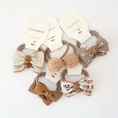 10入組少女用彈性蝴蝶結布質髮圈,具有花和球型設計,適用於日常使用