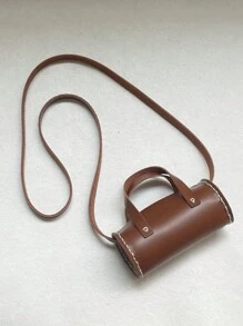 1pc Kid's Solid Color Pu Leather Mini Handbag, Vintage Style Shoulder Crossbody Bag - Brown - View 1