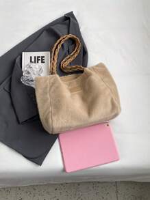 low tea 1pc Fall/winter Plush Large Capacity Shoulder Tote Bag, Perfect For Street Style - Khaki - View 4