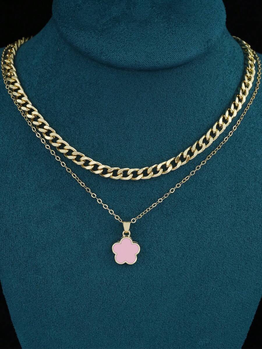 2pcs Simple & Fashionable Five-petal Flower Design Copper Necklace, Versatile Style For Date & Graduation Gift - Pink - View 1