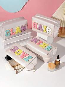 1pc Beige Makeup Bag With 'hair' Embroidery - Beige - View 4