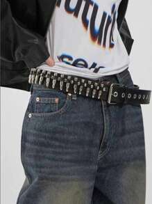 1 件男士铆钉紧固 PU 皮革腰带，带方形扣，适合牛仔裤，朋克风格，非常适合节日街头、学校万圣节秋冬配饰，适合青少年、青年、男士、休闲、户外、运动、度假、毕业礼物、生日、日常穿着 - 黑色 - 查看 1