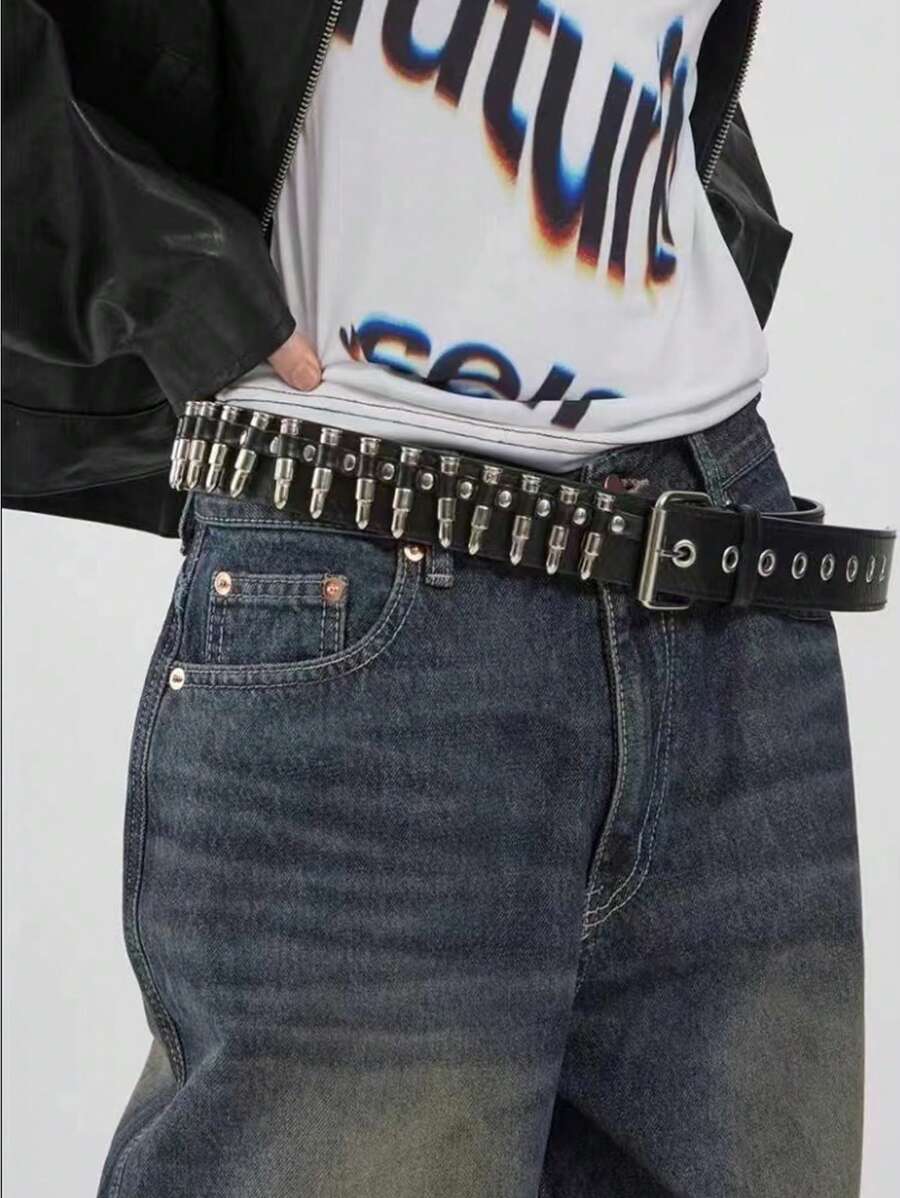 1 件男士铆钉紧固 PU 皮革腰带，带方形扣，适合牛仔裤，朋克风格，非常适合节日街头、学校万圣节秋冬配饰，适合青少年、青年、男士、休闲、户外、运动、度假、毕业礼物、生日、日常穿着 - 黑色 - 查看 1