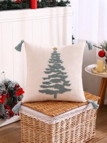 Miater 1pc Tassel Christmas Pillowcase With Embroidered Christmas Tree On Canvas - Mint Green - View 5