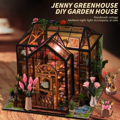 1 Set Wooden DIY Dollhouse Kit, Assemble Miniature Model House, Miniature Greenhouse Model Kit, 1:24 Scale, DIY Craft/Birthday Gift/Home Decor, Gift For Family And Friends (Batteries Not Included)