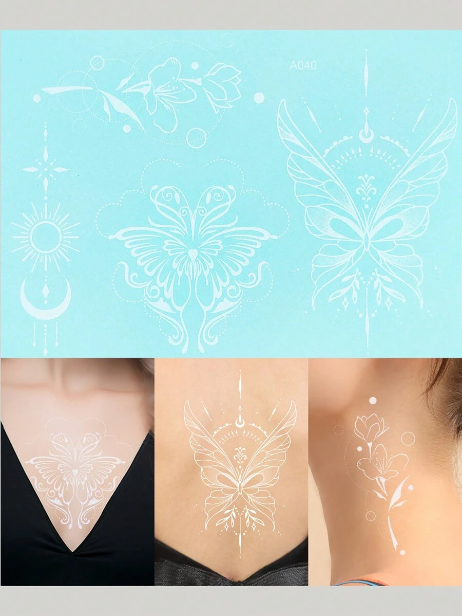 1張白蝴蝶暫時性刺青貼紙太陽月亮暫時性刺青貼紙-防水假紋身貼紙,派對禮物,主題裝飾和禮品
