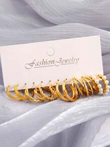 12 Piezas Conjunto De Pendientes Sencillos Con Perlas Artificiales Y Formas Geométricas Metálicas Para Mujeres, Perfecto Para Días Festivos, Citas, Uso Diario O Como Regalo De Obsequio