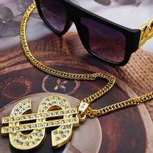 4pcs/Set Hip Hop Costume Kit Gold Rapper Hat Sunglasses Gold Dollar Sign Pendant Necklaces Ring 80s/90s Rapper Accessories - Gold - View 7