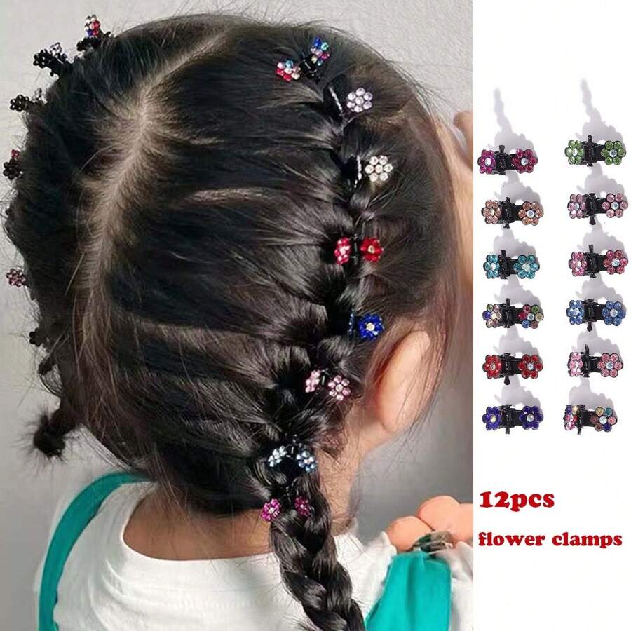 Set de 12 piezas de pasadores de pelo de moda y lindos para niñas con colores aleatorios de flores y rhinestones, que incluyen mini pinzas para el cabello, pasadores, pinzas de resorte, perfectos para el estilo coreano, uso diario, actuaciones, cenas, fiestas de cumpleaños y como accesorios de fotografía para adolescentes y jóvenes - Multicolor - Ver 1