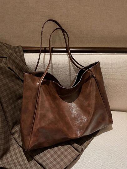 Large Capacity Shoulder Tote Bag, Vintage Design Large Capacity Tote Bag, Women Leather Handbags Women Shoulder Bag Vintage Autumn Large Capacity Travel Shopping, School Bag, Large Capacity, Portable, Classic Casual, Business Casual, For Teen Girls Women College Students, White-Collar Workers, Perfect For Work, Back To School, Middle School, High School, College, Retro Inspired Vintage Bag For Women