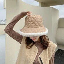 1pc Women's Detachable Ear Flaps Stylish Bucket Hat In Khaki Rhinestone Check, Suitable For Winter - Khaki - View 5