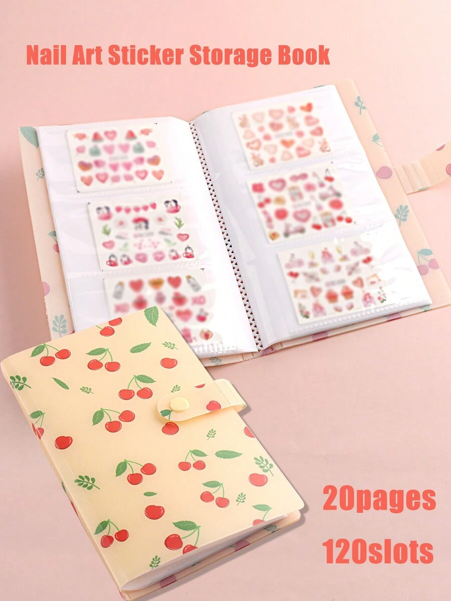 美甲貼紙收納冊,黃色櫻桃果紋美甲貼花收藏冊20頁,120個插槽扣環展示冊塑料美甲工具(不包括貼紙)