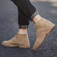 Men New Vintage Plus Size  Boots, Four Seasons, Summer, Suede, Lace-Up, High-Top Shoes (Thin Style, Run Small) - Khaki - View 3