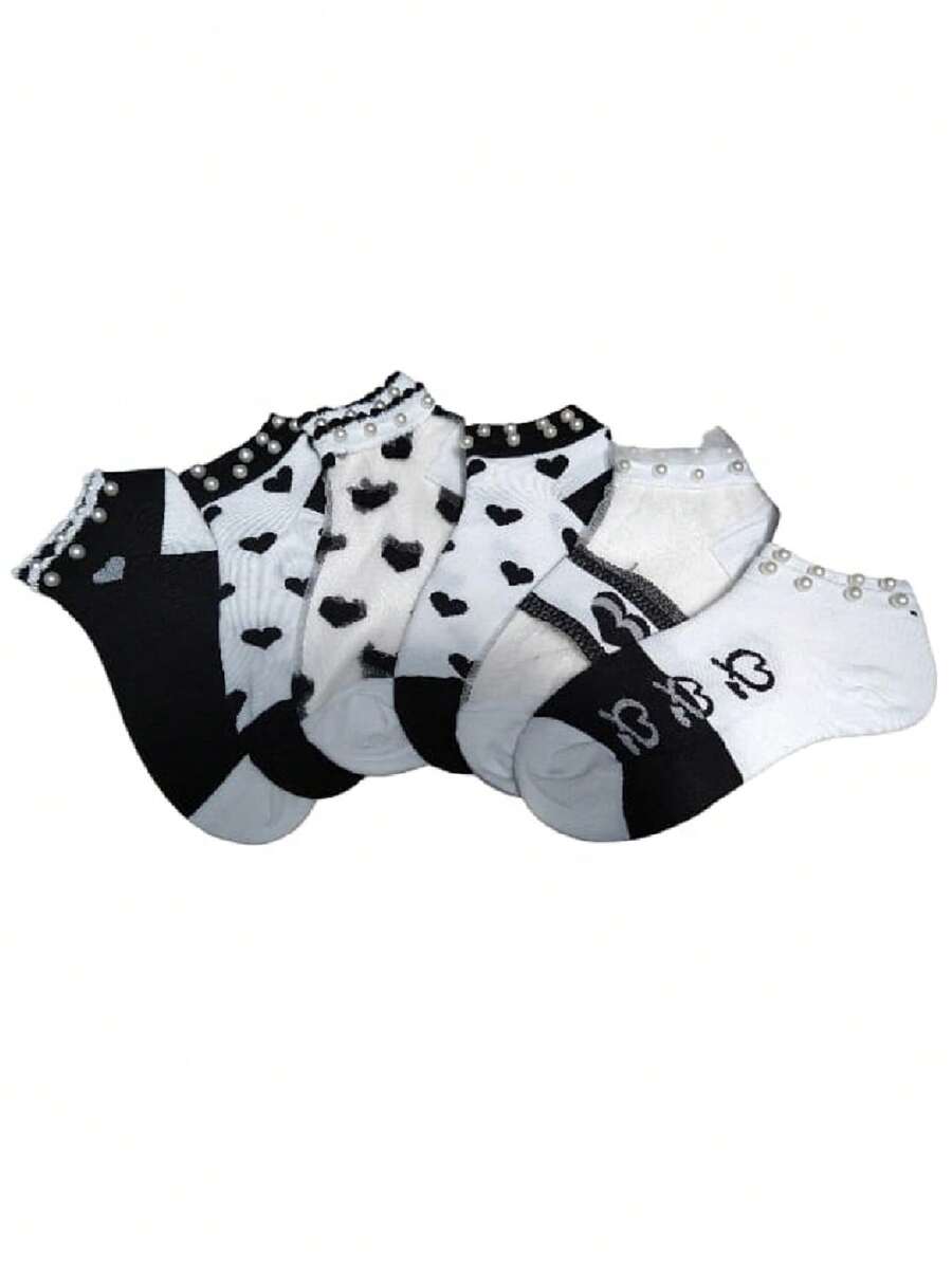 6 Pairs Of Transparent Pearl Socks With Cute And Beautiful Prints - 黑與白 - 查看 1