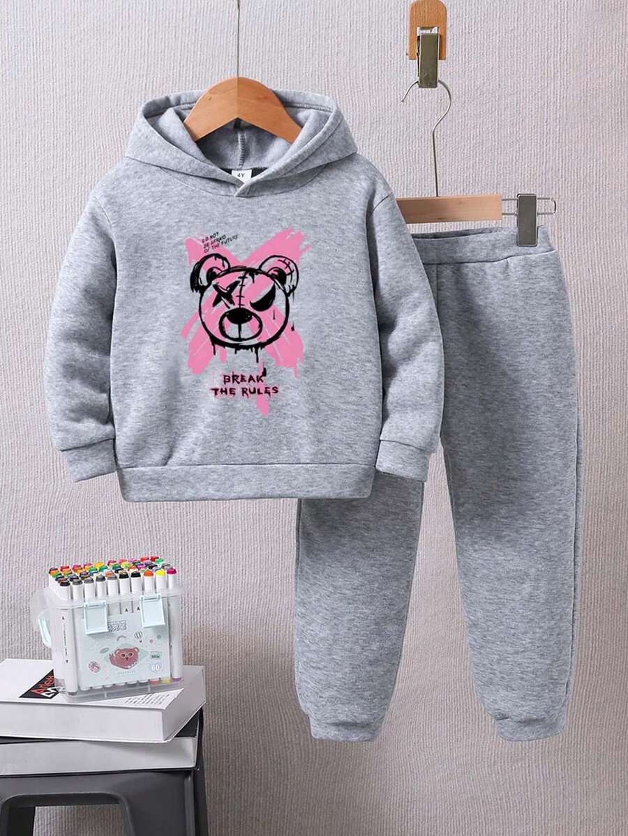 Young Girl Bear Pattern Printed Hooded Sweatshirt And Sports Pants For Cold Weather - Grey - View 1
