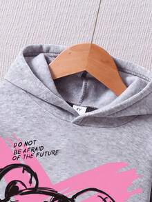 Young Girl Bear Pattern Printed Hooded Sweatshirt And Sports Pants For Cold Weather - Grey - View 3