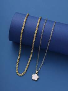 2pcs Simple Fashionable Five-petal Flower Decoration Copper Chain Necklaces, Perfect For Dating And Graduation Gift - White - View 4