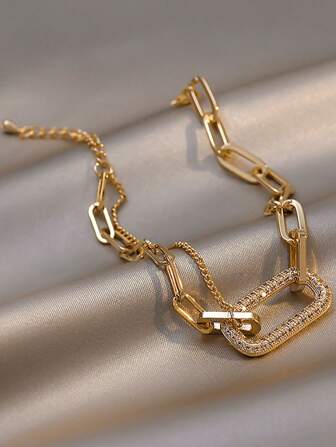 1pc Simple But Elegant Geometric Shape Rhinestone Inlaid Chain Bracelet, Unique And Fashionable Design