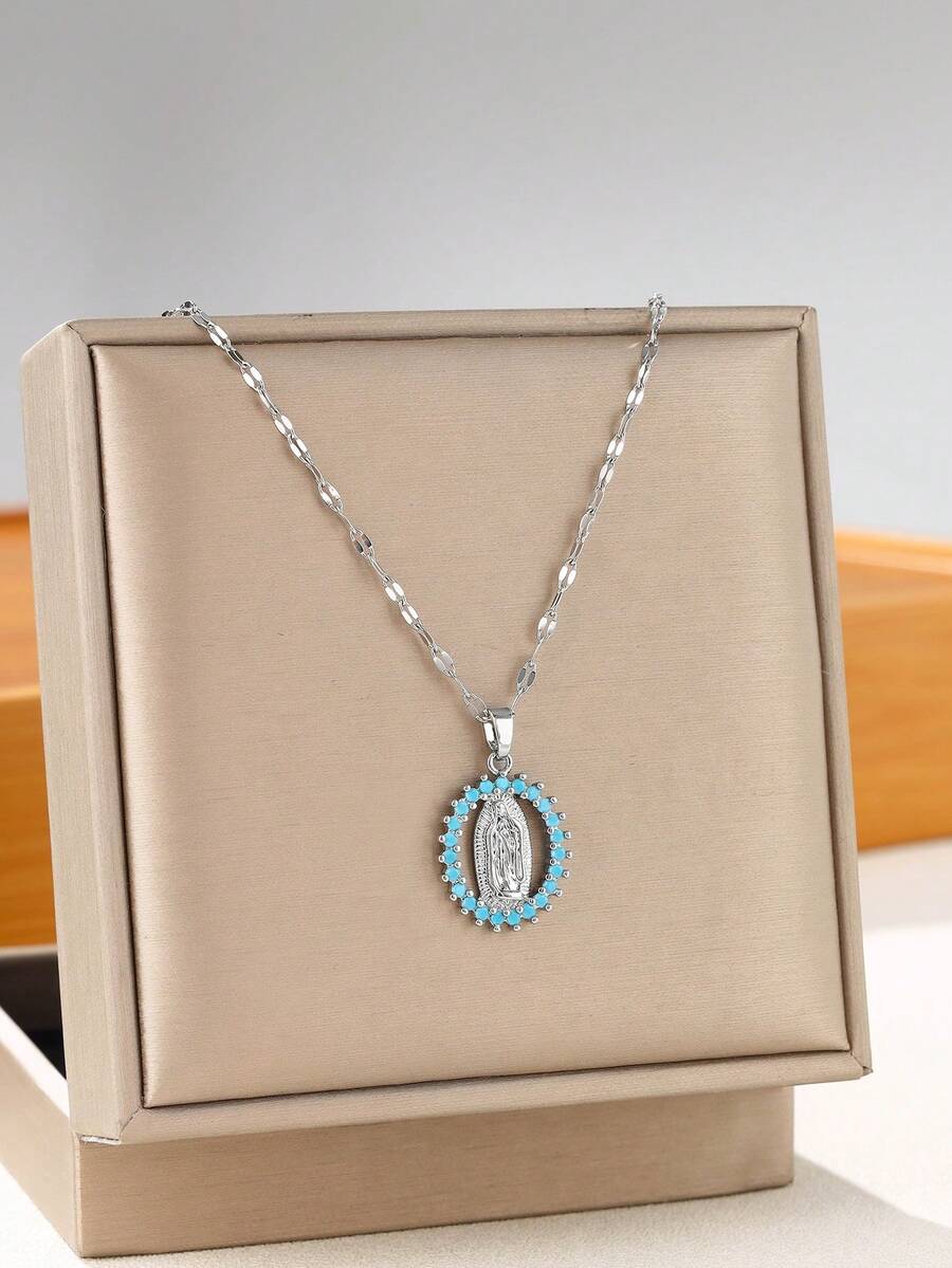 1 件椭圆形微镶嵌方晶锆石圣母玛利亚吊坠项链，简约宗教配饰，不锈钢材质，适合女性、婚礼、派对、日常佩戴。送给妈妈的珠宝礼物 - 銀色 - 查看 1